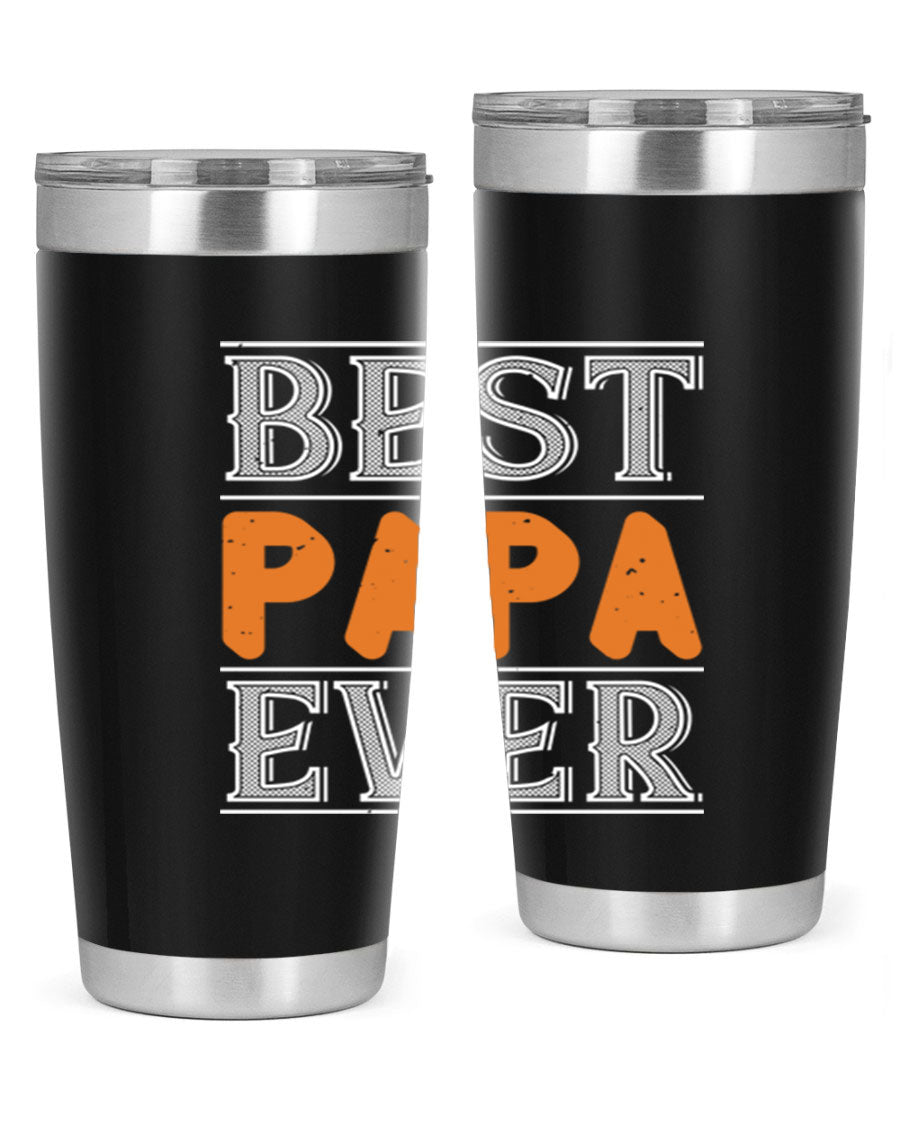 Best Papa Ever tumbler featuring a stylish design, double wall vacuum insulation, and a press-in lid, perfect for hot and cold beverages.