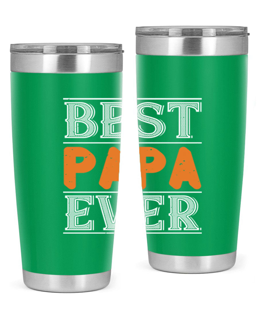Best Papa Ever tumbler featuring a stylish design, double wall vacuum insulation, and a press-in lid, perfect for hot and cold beverages.