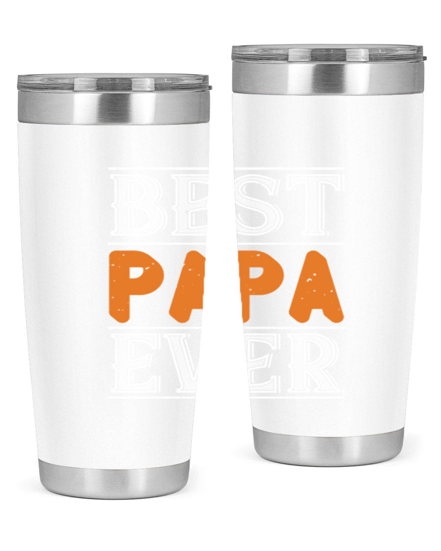 Best Papa Ever tumbler featuring a stylish design, double wall vacuum insulation, and a press-in lid, perfect for hot and cold beverages.