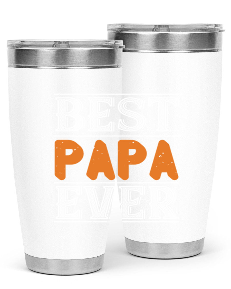 Best Papa Ever tumbler featuring a stylish design, double wall vacuum insulation, and a press-in lid, perfect for hot and cold beverages.