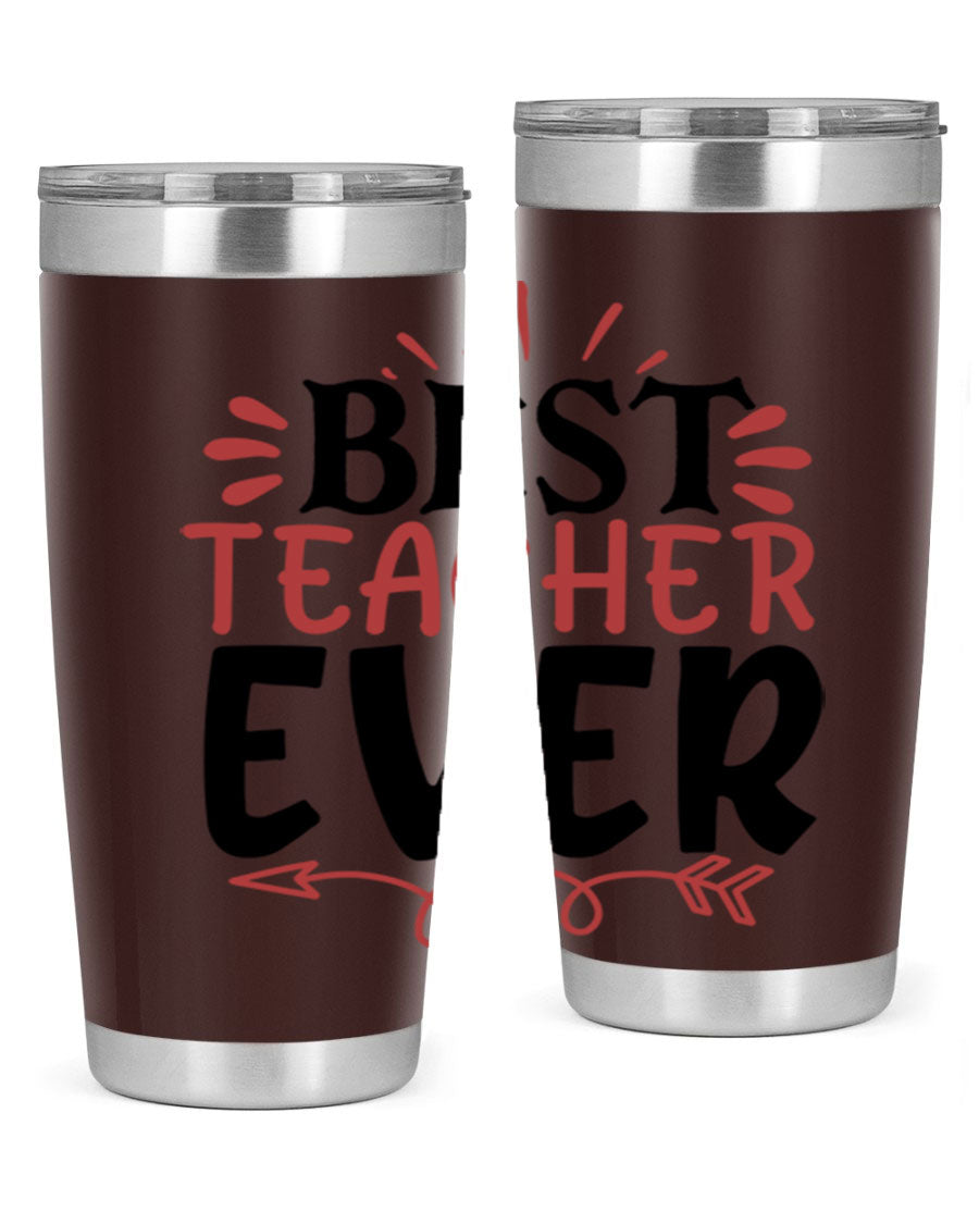 Best Teacher Ever tumbler in 20oz and 30oz sizes, made of stainless steel with a vibrant print, perfect for hot and cold beverages.