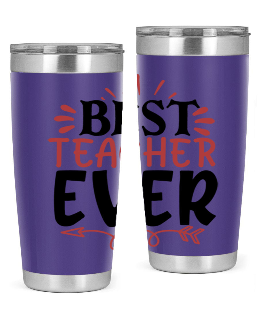 Best Teacher Ever tumbler in 20oz and 30oz sizes, made of stainless steel with a vibrant print, perfect for hot and cold beverages.