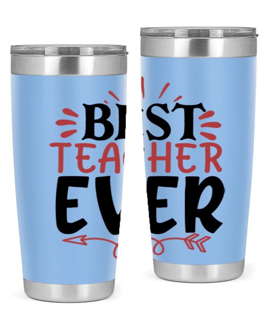 Best Teacher Ever tumbler in 20oz and 30oz sizes, made of stainless steel with a vibrant print, perfect for hot and cold beverages.