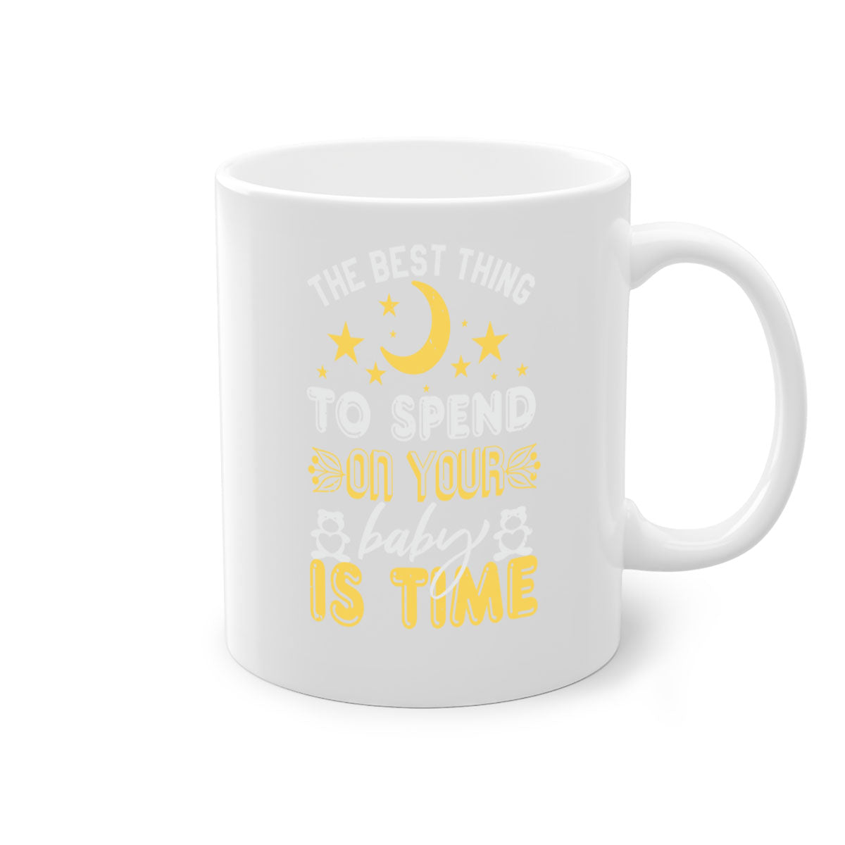Two-tone ceramic mug with colored handle and glossy finish, perfect for coffee or tea, featuring the phrase 'Best Thing to spend on your baby is time'.
