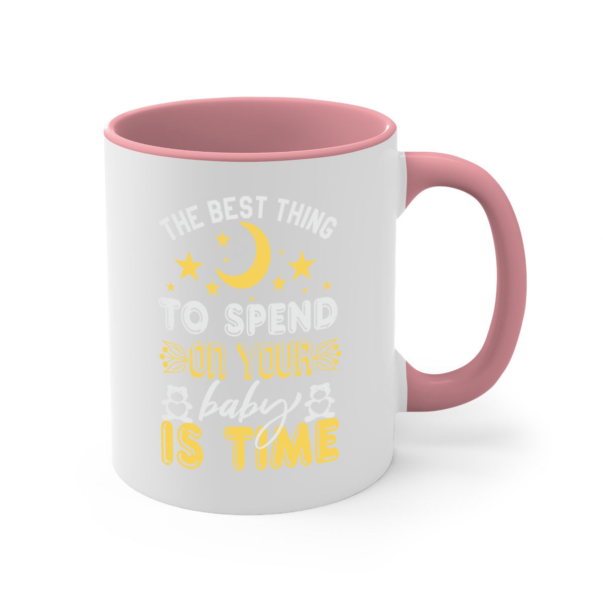 Two-tone ceramic mug with colored handle and glossy finish, perfect for coffee or tea, featuring the phrase 'Best Thing to spend on your baby is time'.