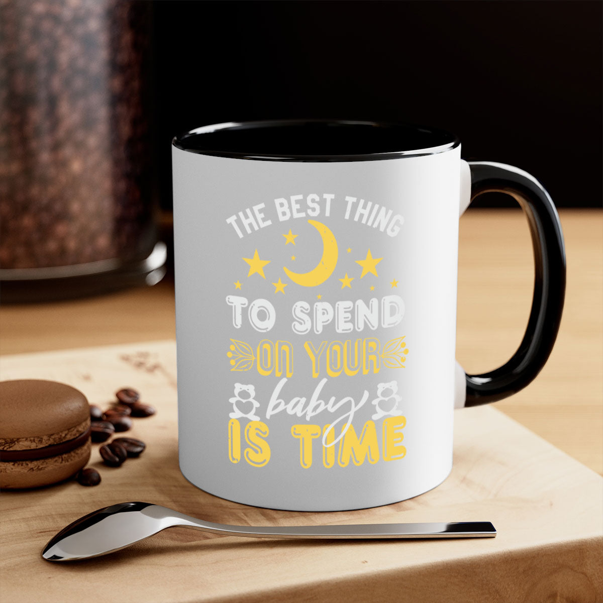 Two-tone ceramic mug with colored handle and glossy finish, perfect for coffee or tea, featuring the phrase 'Best Thing to spend on your baby is time'.