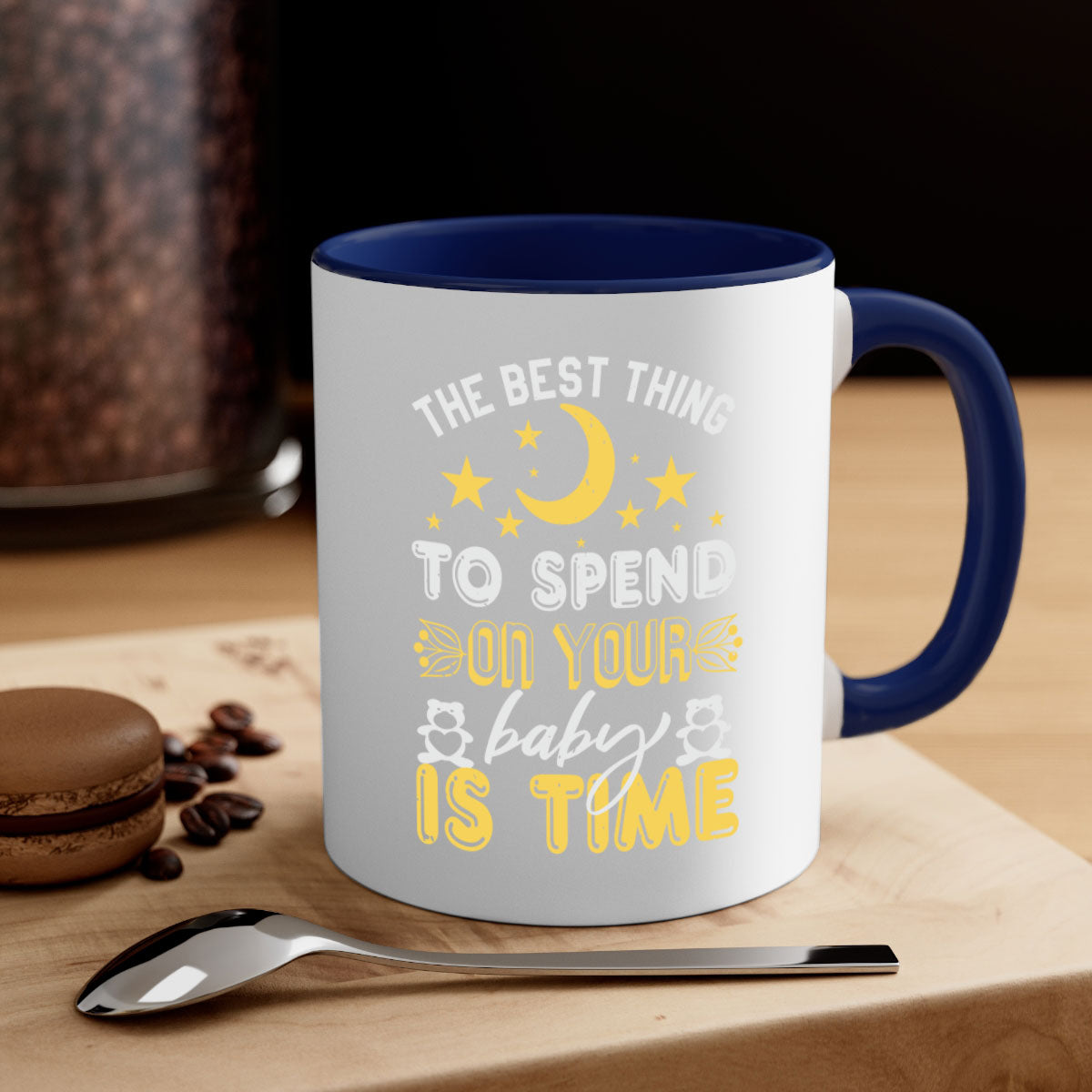 Two-tone ceramic mug with colored handle and glossy finish, perfect for coffee or tea, featuring the phrase 'Best Thing to spend on your baby is time'.