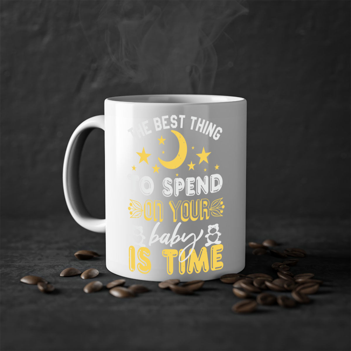 Two-tone ceramic mug with colored handle and glossy finish, perfect for coffee or tea, featuring the phrase 'Best Thing to spend on your baby is time'.