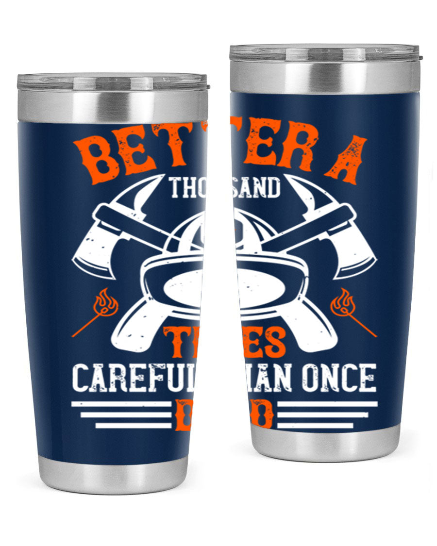 Better a thousand times careful than once dead Style 90# tumbler in stainless steel with a copper lining, showcasing its sleek design and drink-thru lid.