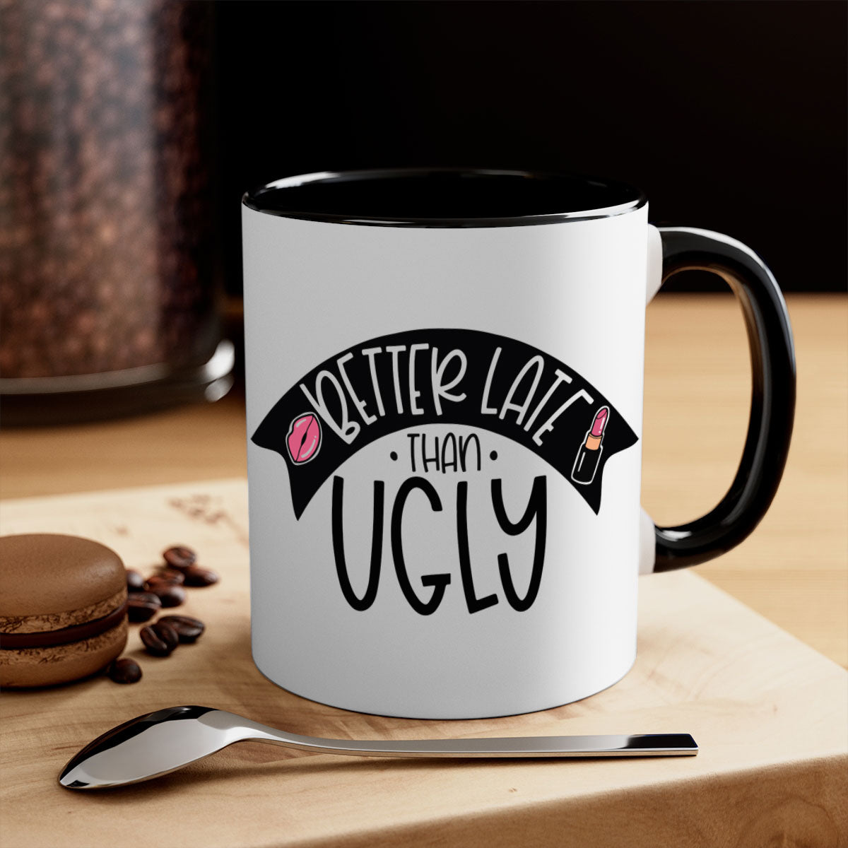 Better Late Than Ugly Style 132# ceramic coffee mug with a glossy finish and colorful handle, available in multiple colors.