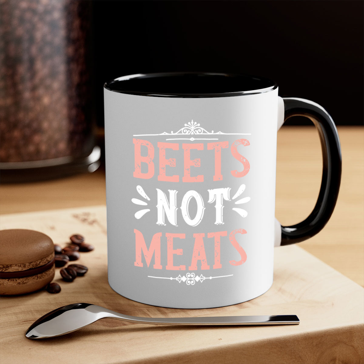 Beets Not Meats 148# Vegan Mug with colorful handle and glossy finish, available in multiple colors and sizes.