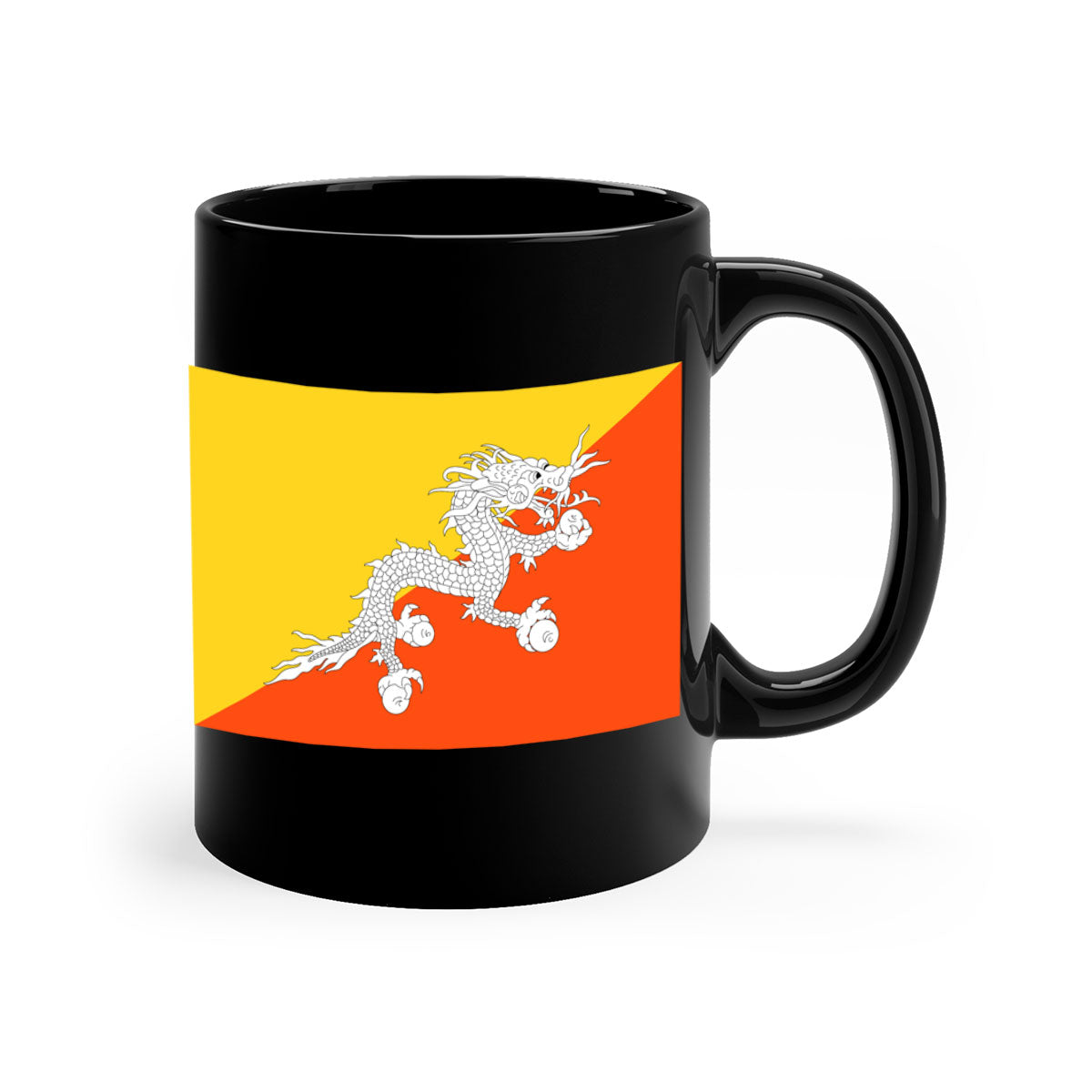 Bhutan 178# Mug featuring a glossy finish and colorful handle, available in multiple sizes.