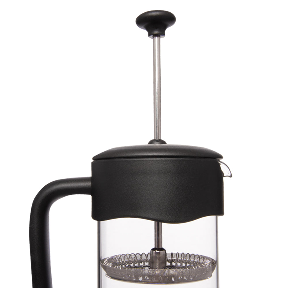 BiggCoffee FY92 French Press 350 ML aus Edelstahl und Borosilikatglas mit hitzebeständigem Kunststoffgriff, ideal für aromatischen Kaffee.