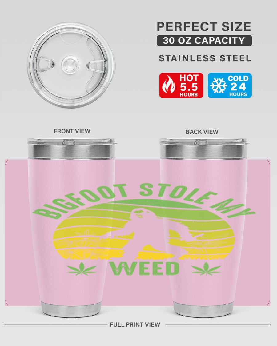 Bigfoot Stole My Weed 15# Tumbler featuring a humorous design, made of stainless steel with double wall vacuum insulation.