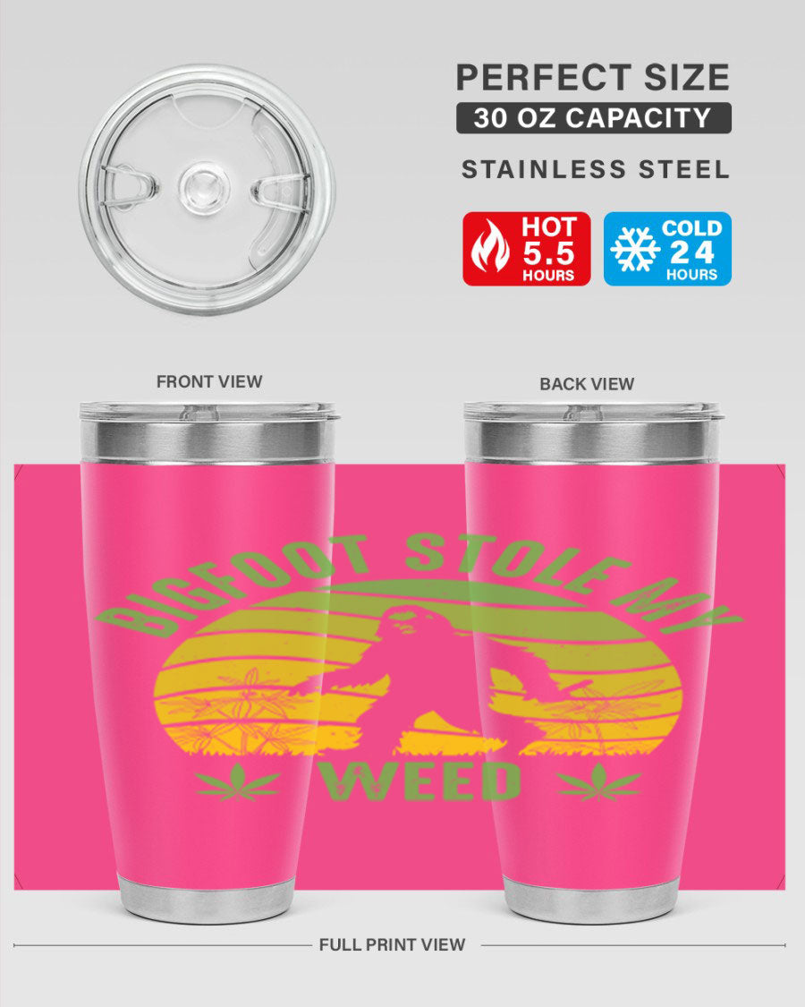 Bigfoot Stole My Weed 15# Tumbler featuring a humorous design, made of stainless steel with double wall vacuum insulation.