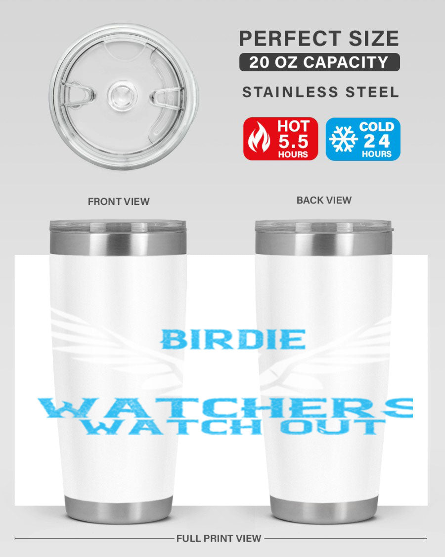 Birdie Watchers 20oz stainless steel tumbler with a sleek design, perfect for hot and cold beverages.