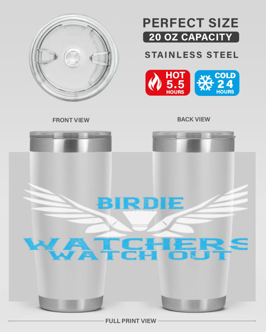 Birdie Watchers 20oz stainless steel tumbler with a sleek design, perfect for hot and cold beverages.