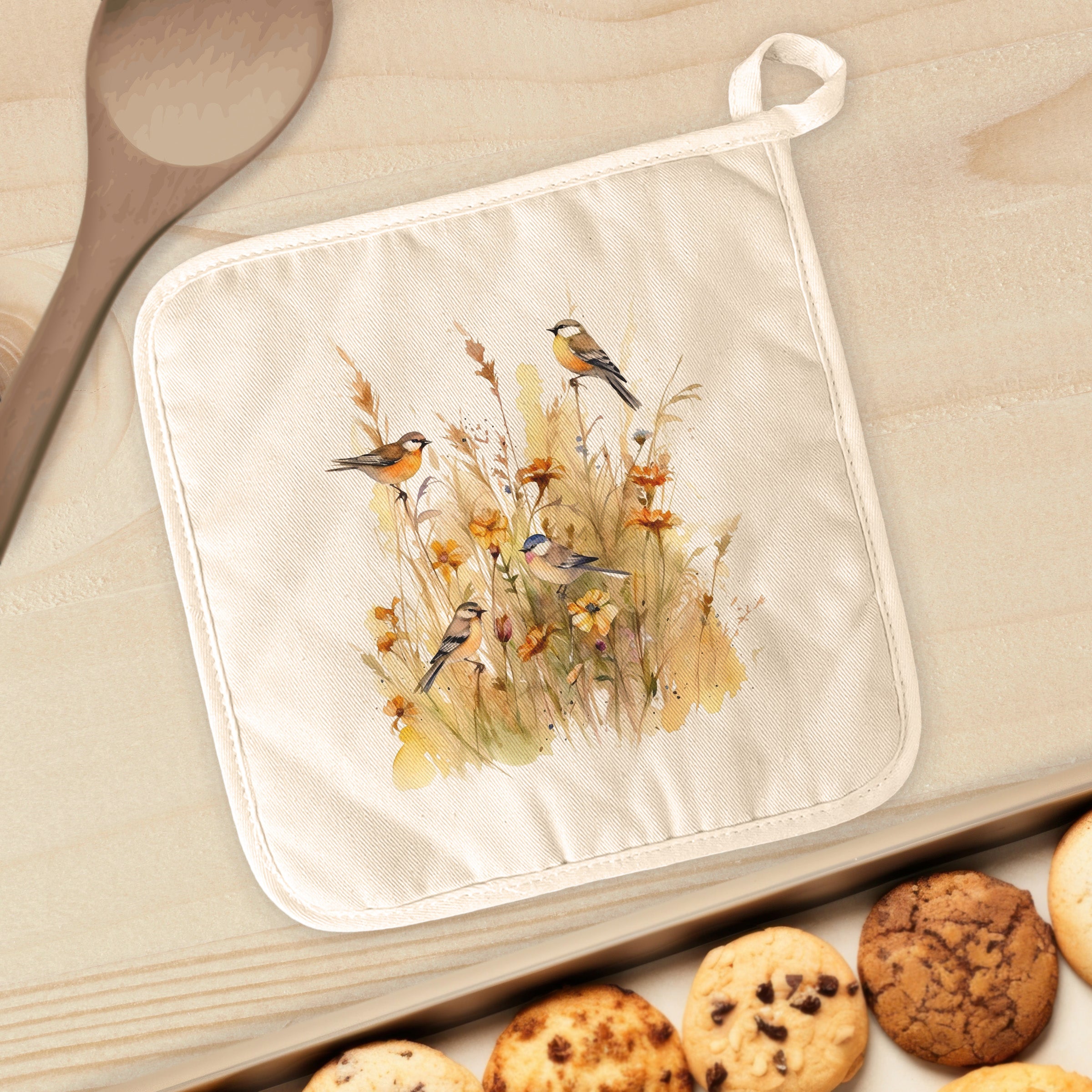 Birds in Tall Grass cotton pot holder with vibrant design, perfect for protecting surfaces from hot cookware.
