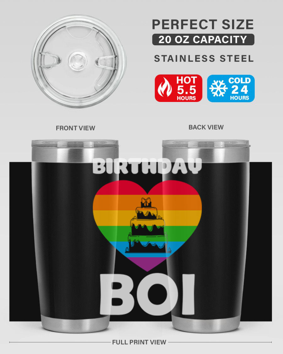 Birthday Boi LGBT Pride tumbler featuring vibrant colors and a stylish design, perfect for celebrating pride and keeping drinks hot or cold.