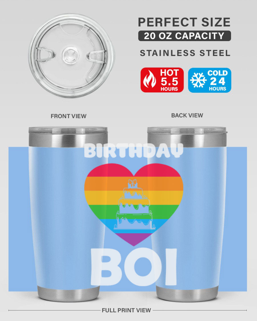 Birthday Boi LGBT Pride tumbler featuring vibrant colors and a stylish design, perfect for celebrating pride and keeping drinks hot or cold.