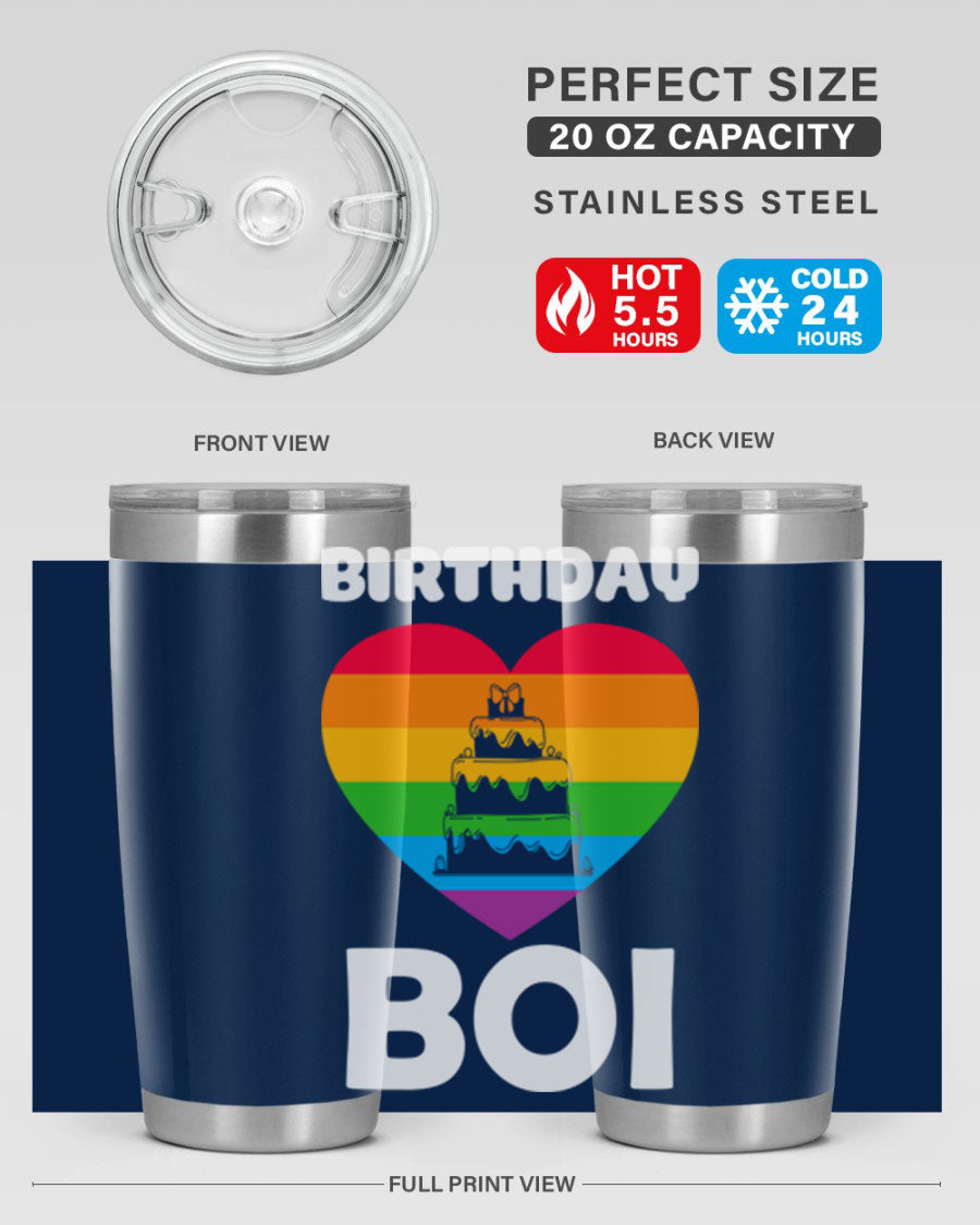 Birthday Boi LGBT Pride tumbler featuring vibrant colors and a stylish design, perfect for celebrating pride and keeping drinks hot or cold.