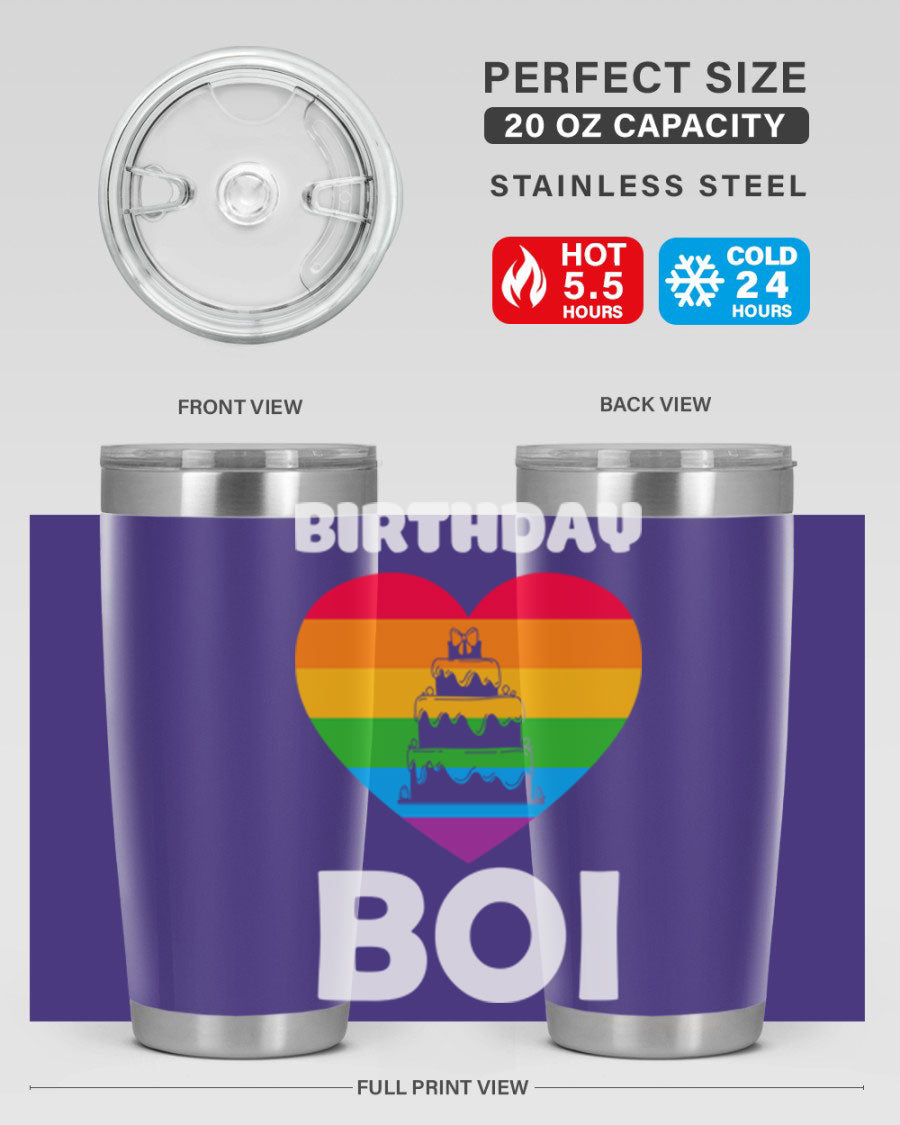 Birthday Boi LGBT Pride tumbler featuring vibrant colors and a stylish design, perfect for celebrating pride and keeping drinks hot or cold.