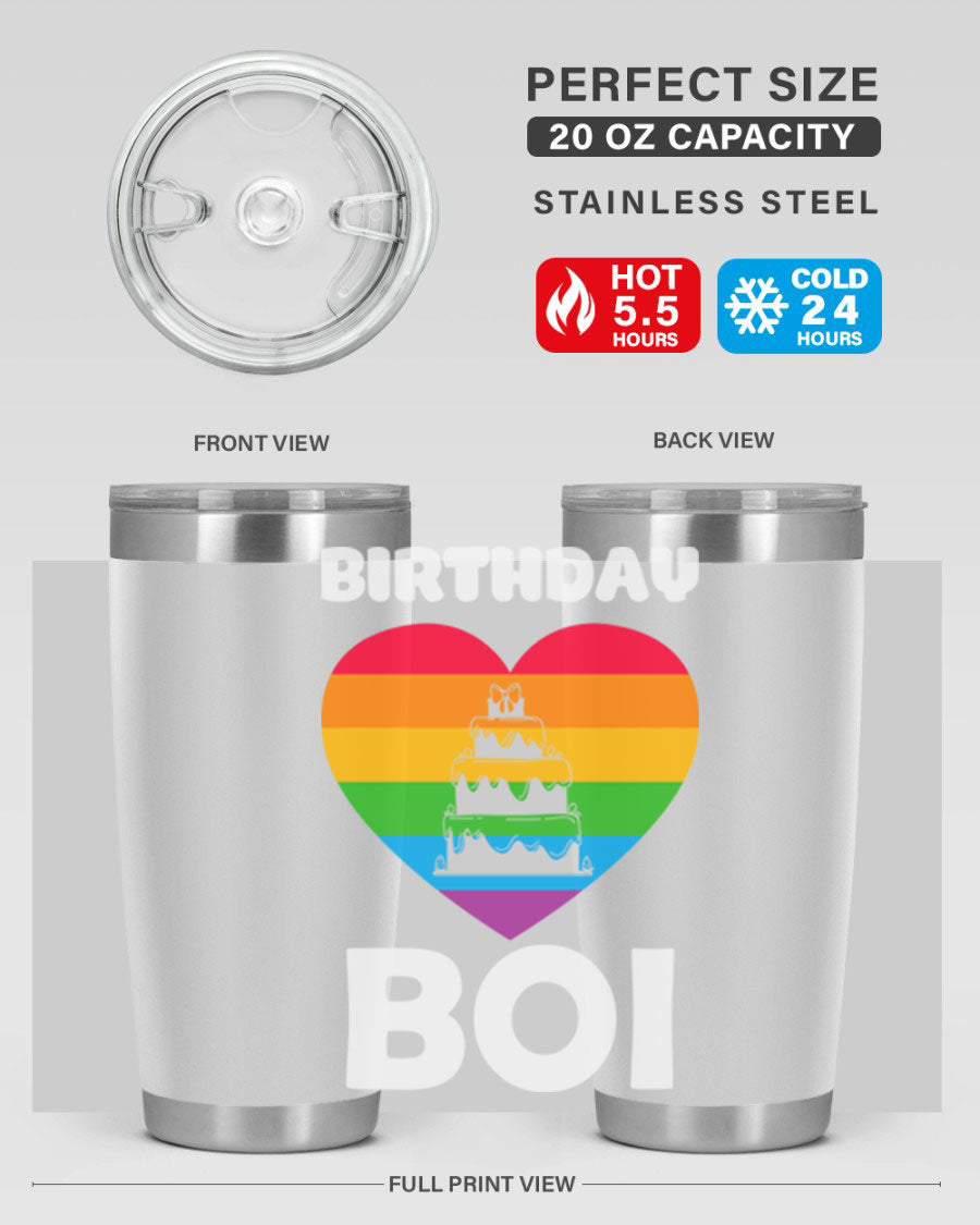 Birthday Boi LGBT Pride tumbler featuring vibrant colors and a stylish design, perfect for celebrating pride and keeping drinks hot or cold.