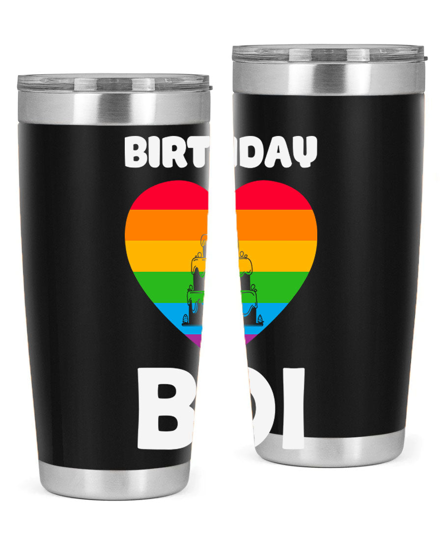 Birthday Boi LGBT Pride tumbler featuring vibrant colors and a stylish design, perfect for celebrating pride and keeping drinks hot or cold.
