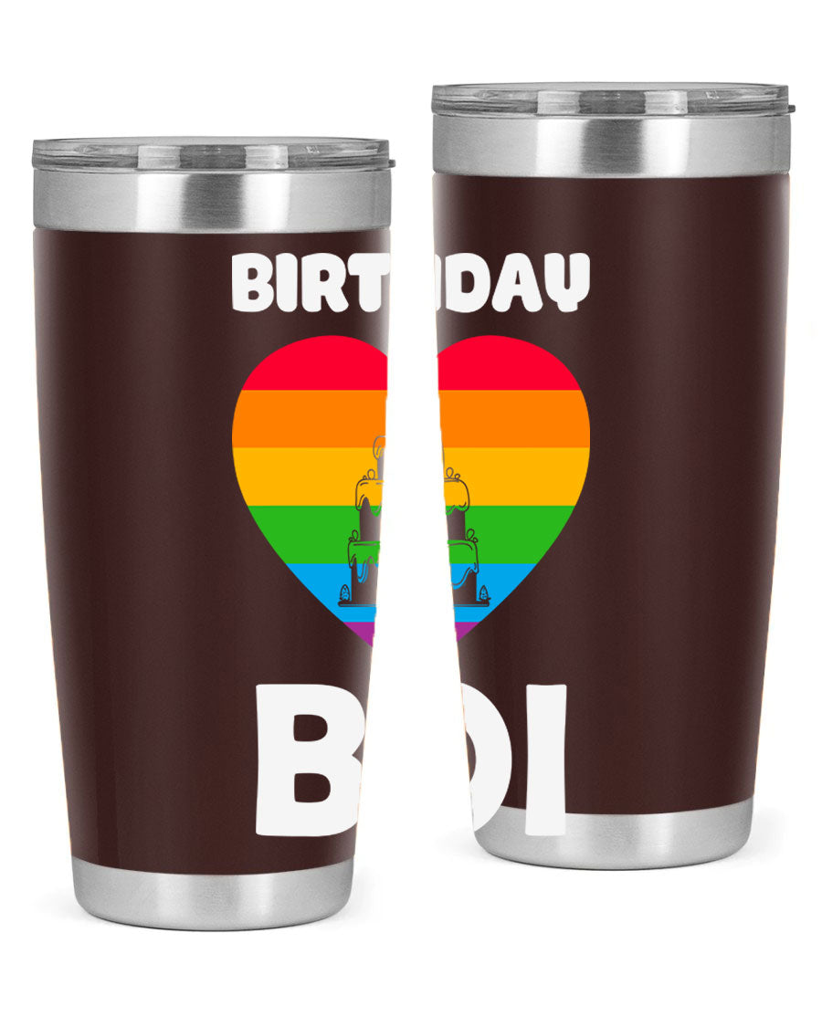 Birthday Boi LGBT Pride tumbler featuring vibrant colors and a stylish design, perfect for celebrating pride and keeping drinks hot or cold.