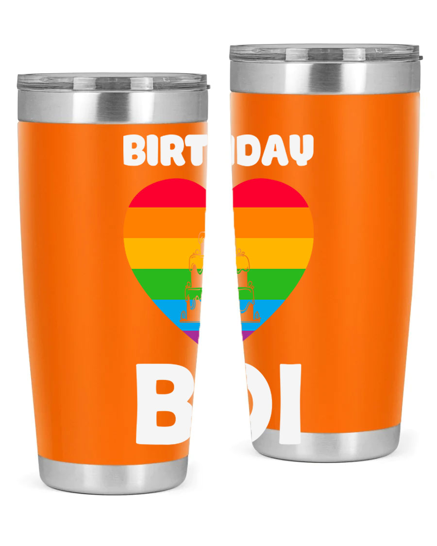 Birthday Boi LGBT Pride tumbler featuring vibrant colors and a stylish design, perfect for celebrating pride and keeping drinks hot or cold.