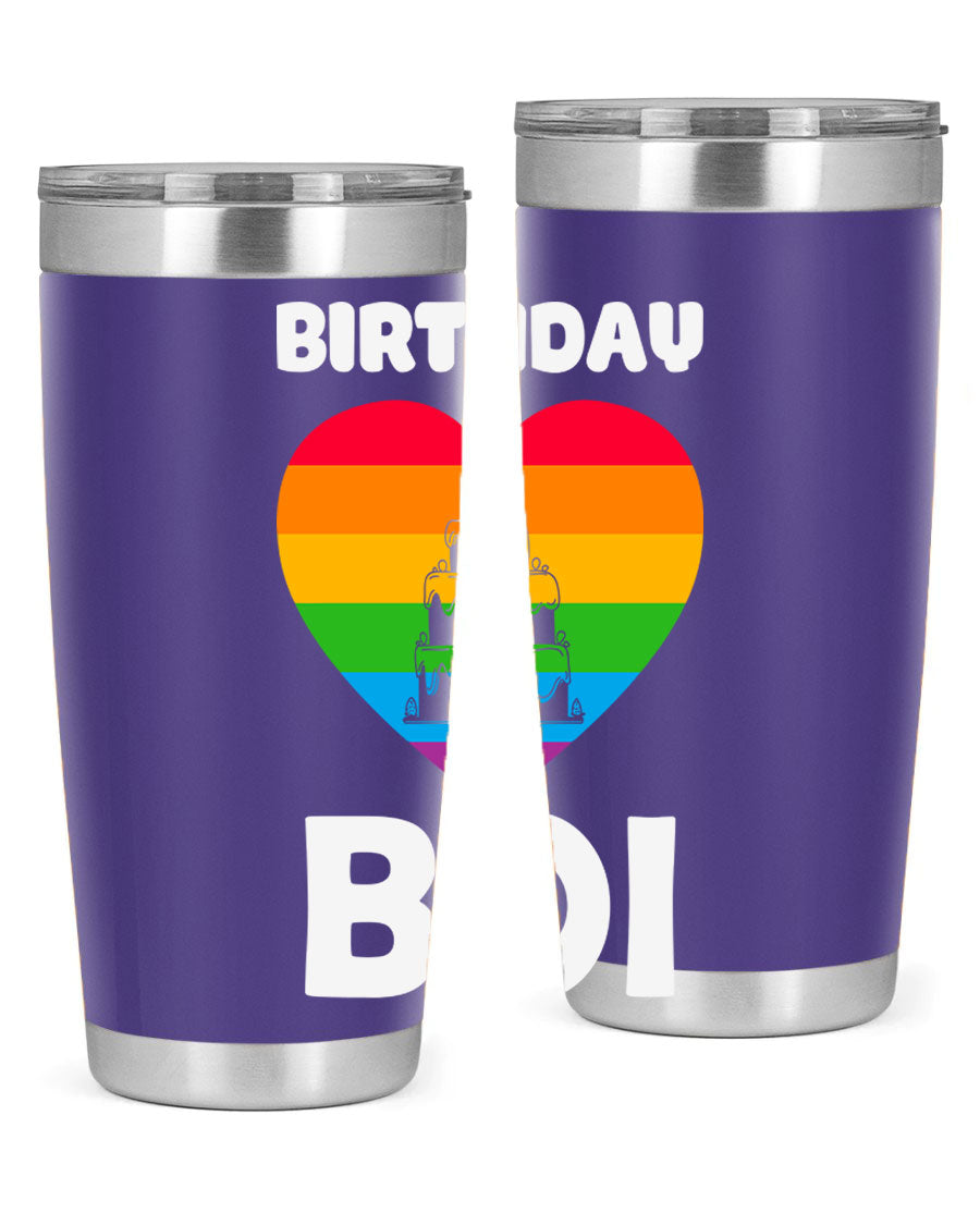 Birthday Boi LGBT Pride tumbler featuring vibrant colors and a stylish design, perfect for celebrating pride and keeping drinks hot or cold.