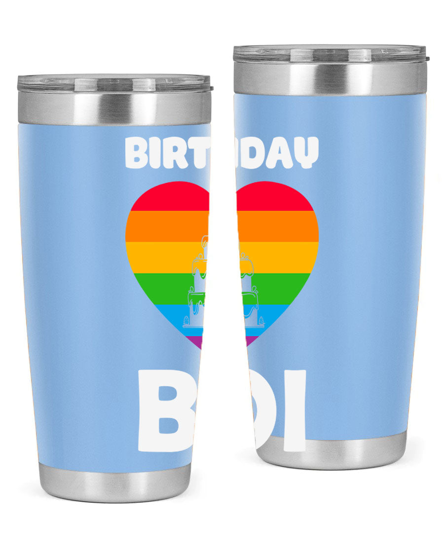 Birthday Boi LGBT Pride tumbler featuring vibrant colors and a stylish design, perfect for celebrating pride and keeping drinks hot or cold.