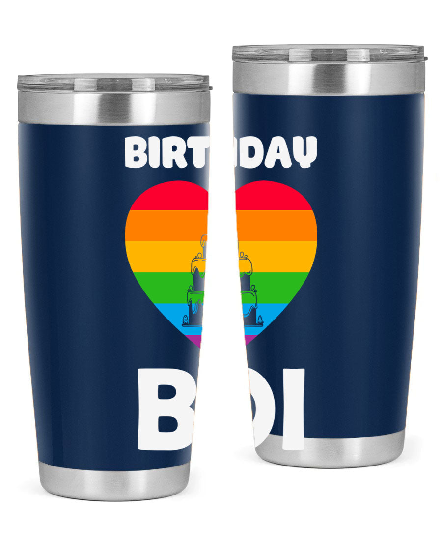 Birthday Boi LGBT Pride tumbler featuring vibrant colors and a stylish design, perfect for celebrating pride and keeping drinks hot or cold.