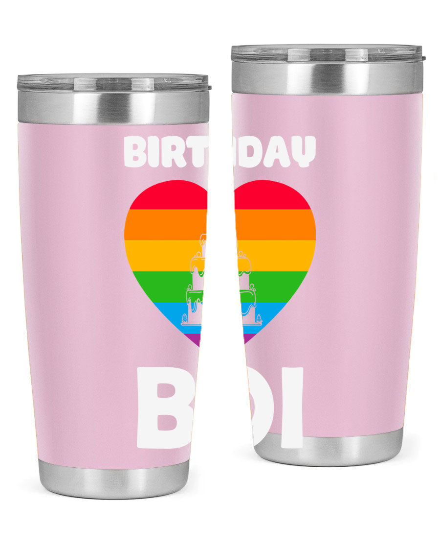Birthday Boi LGBT Pride tumbler featuring vibrant colors and a stylish design, perfect for celebrating pride and keeping drinks hot or cold.