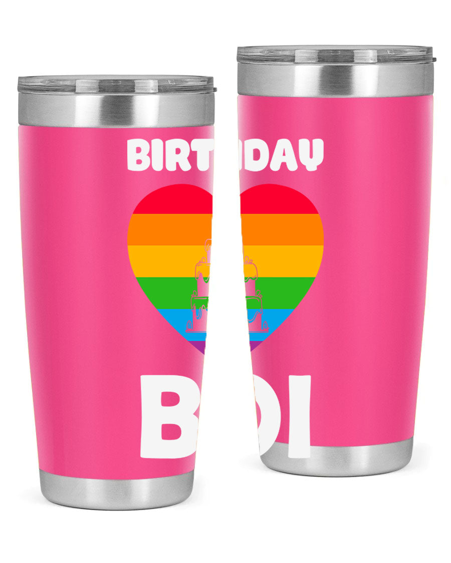 Birthday Boi LGBT Pride tumbler featuring vibrant colors and a stylish design, perfect for celebrating pride and keeping drinks hot or cold.