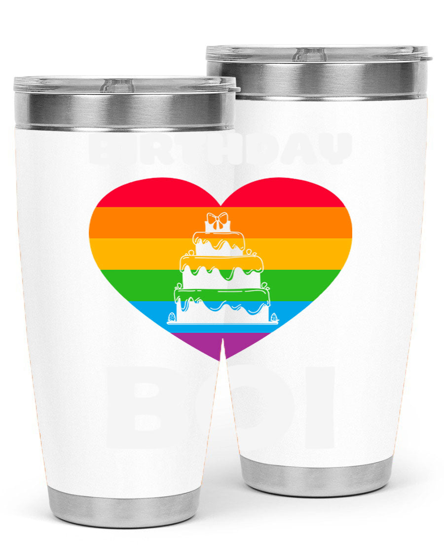 Birthday Boi LGBT Pride tumbler featuring vibrant colors and a stylish design, perfect for celebrating pride and keeping drinks hot or cold.