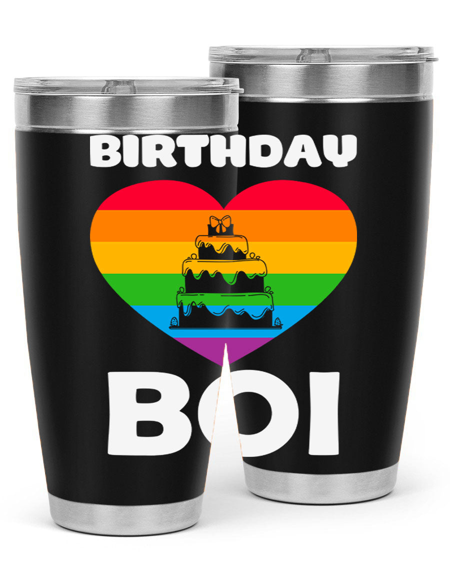 Birthday Boi LGBT Pride tumbler featuring vibrant colors and a stylish design, perfect for celebrating pride and keeping drinks hot or cold.