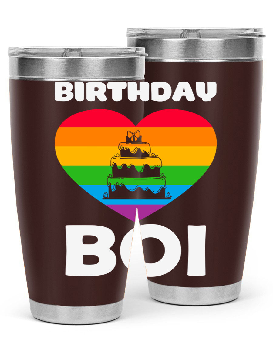 Birthday Boi LGBT Pride tumbler featuring vibrant colors and a stylish design, perfect for celebrating pride and keeping drinks hot or cold.
