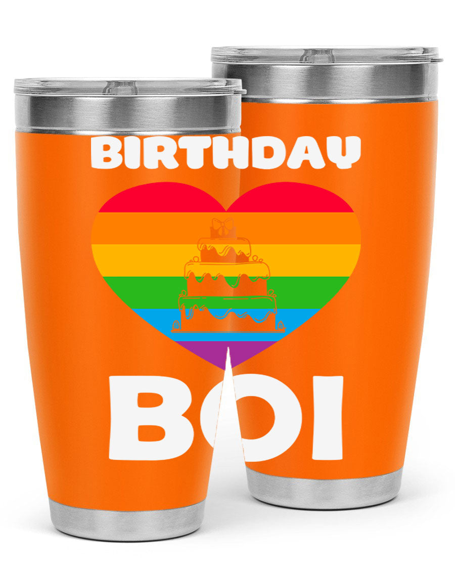 Birthday Boi LGBT Pride tumbler featuring vibrant colors and a stylish design, perfect for celebrating pride and keeping drinks hot or cold.