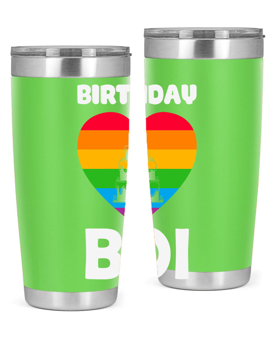 Birthday Boi LGBT Pride tumbler featuring vibrant colors and a stylish design, perfect for celebrating pride and keeping drinks hot or cold.