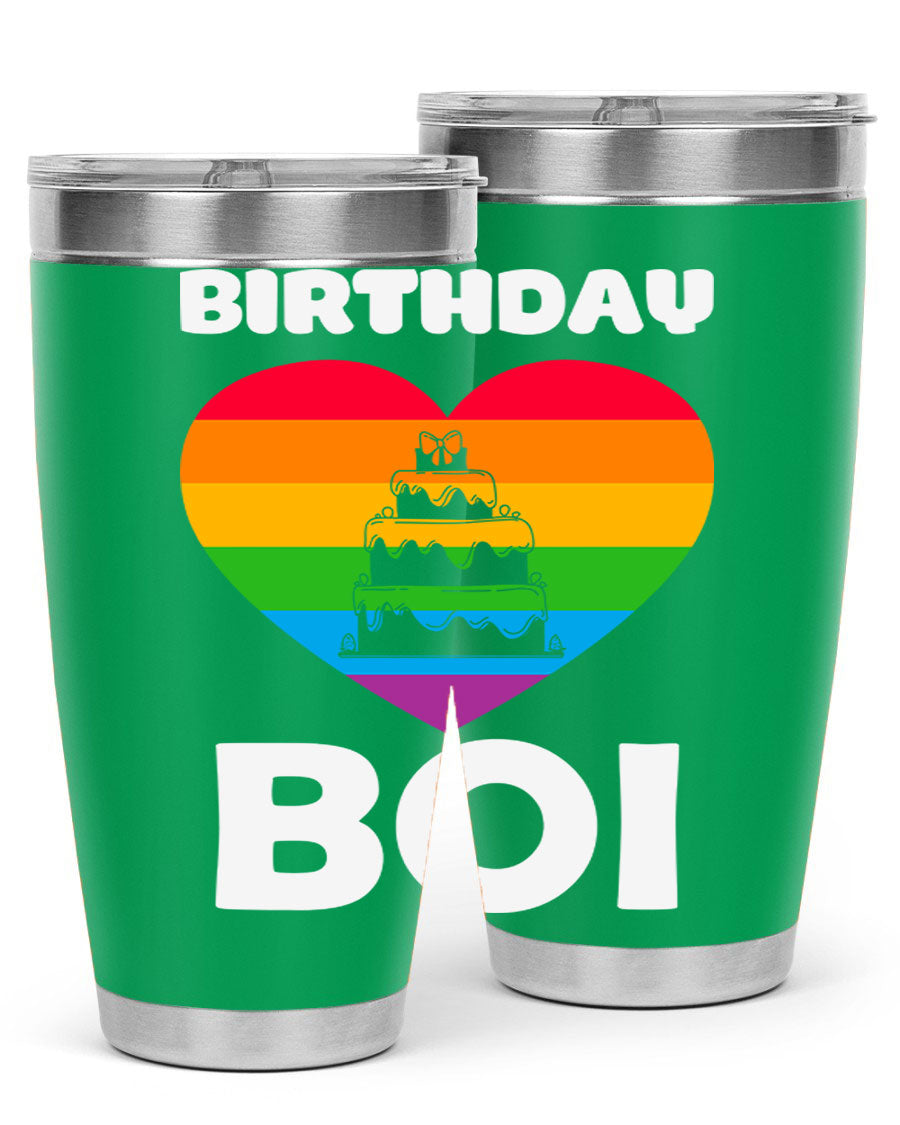 Birthday Boi LGBT Pride tumbler featuring vibrant colors and a stylish design, perfect for celebrating pride and keeping drinks hot or cold.
