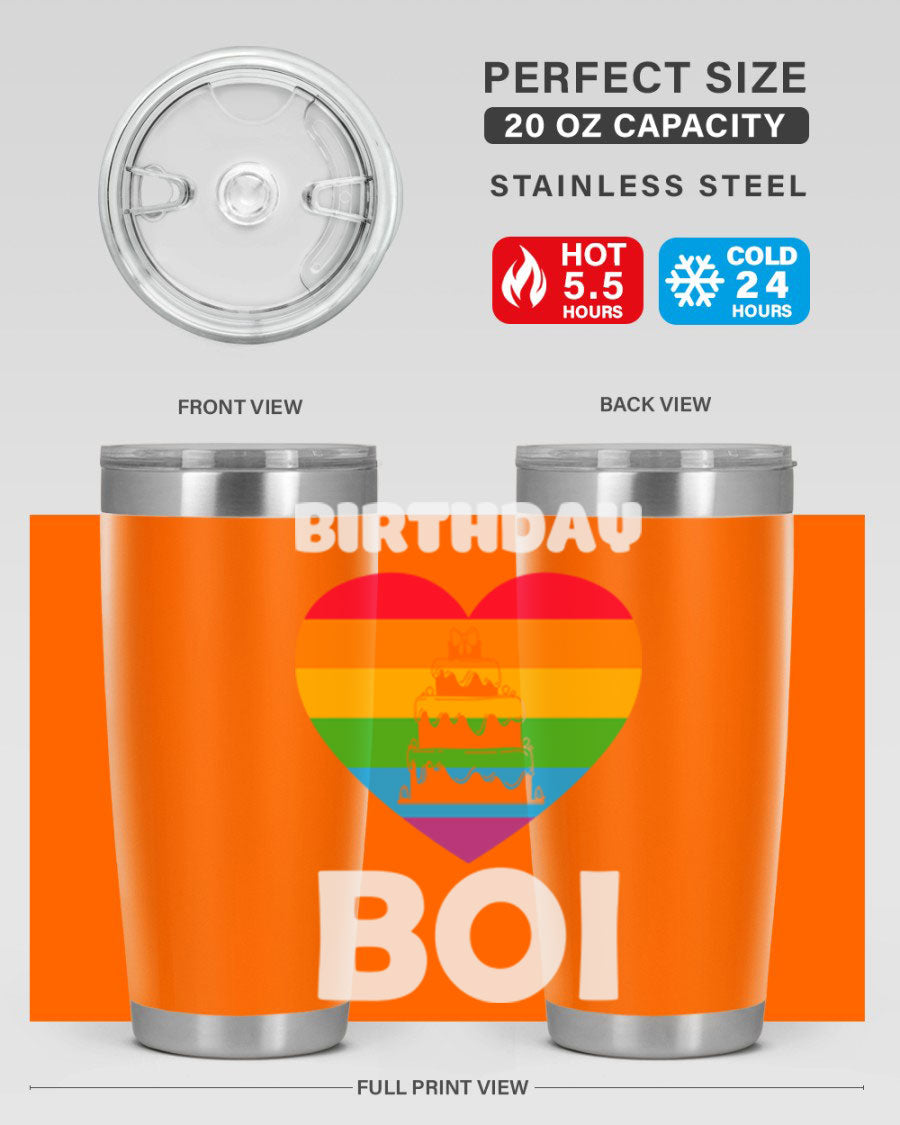 Birthday Boi LGBT Pride tumbler featuring vibrant colors and a stylish design, perfect for celebrating pride and keeping drinks hot or cold.