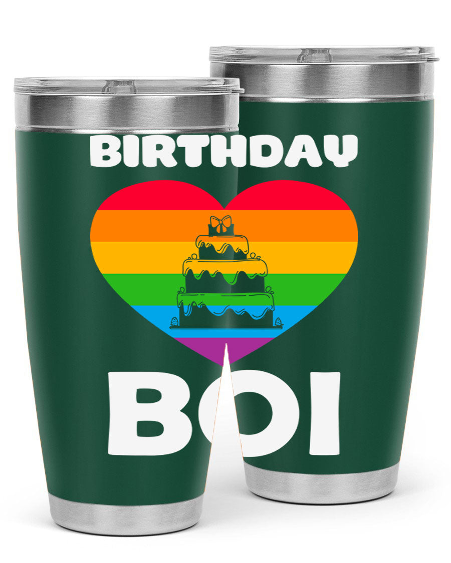 Birthday Boi LGBT Pride tumbler featuring vibrant colors and a stylish design, perfect for celebrating pride and keeping drinks hot or cold.