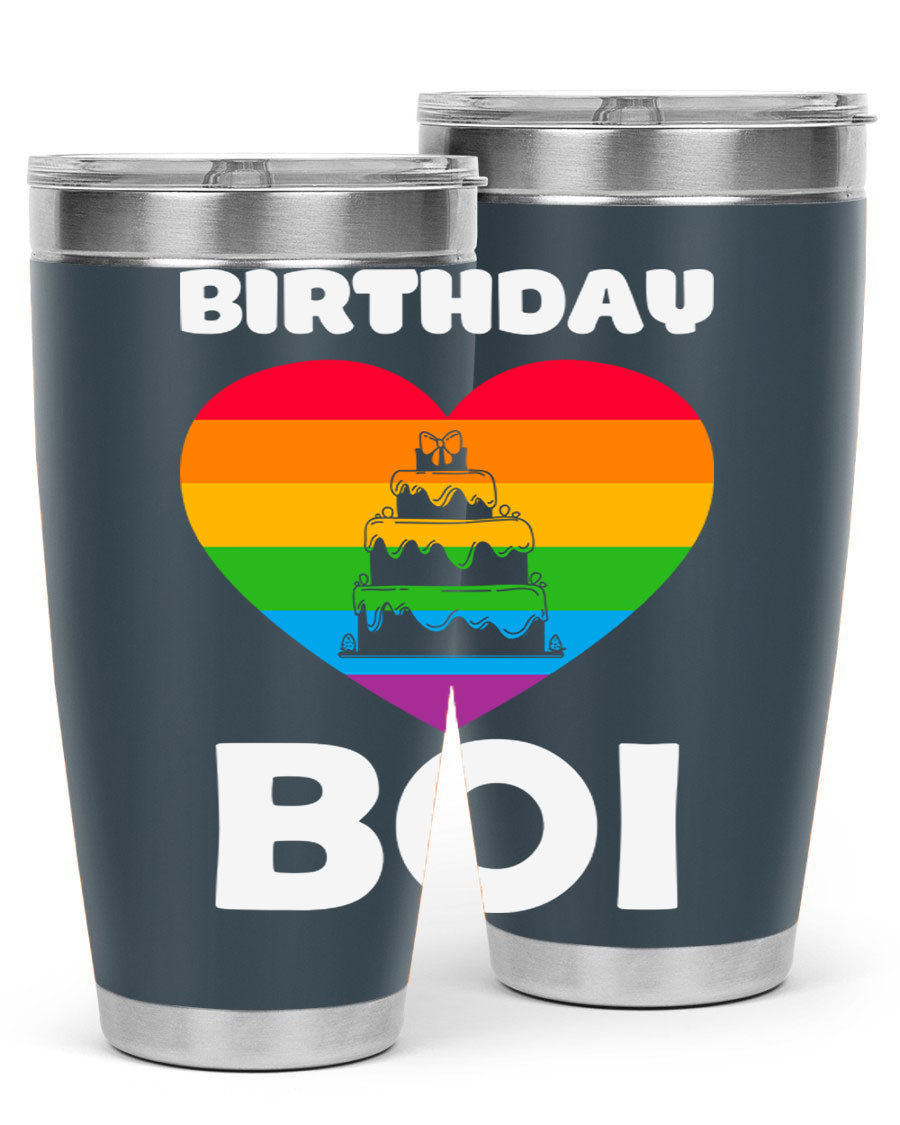 Birthday Boi LGBT Pride tumbler featuring vibrant colors and a stylish design, perfect for celebrating pride and keeping drinks hot or cold.