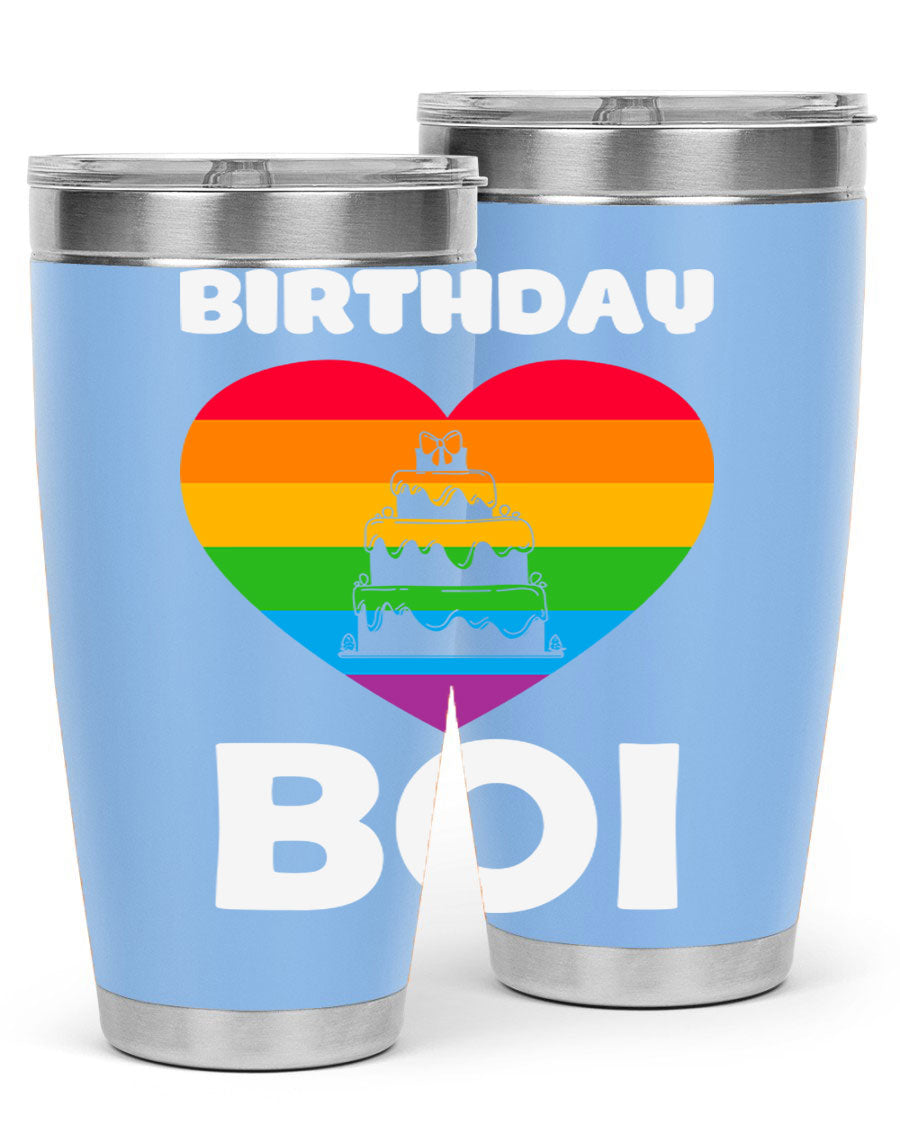 Birthday Boi LGBT Pride tumbler featuring vibrant colors and a stylish design, perfect for celebrating pride and keeping drinks hot or cold.
