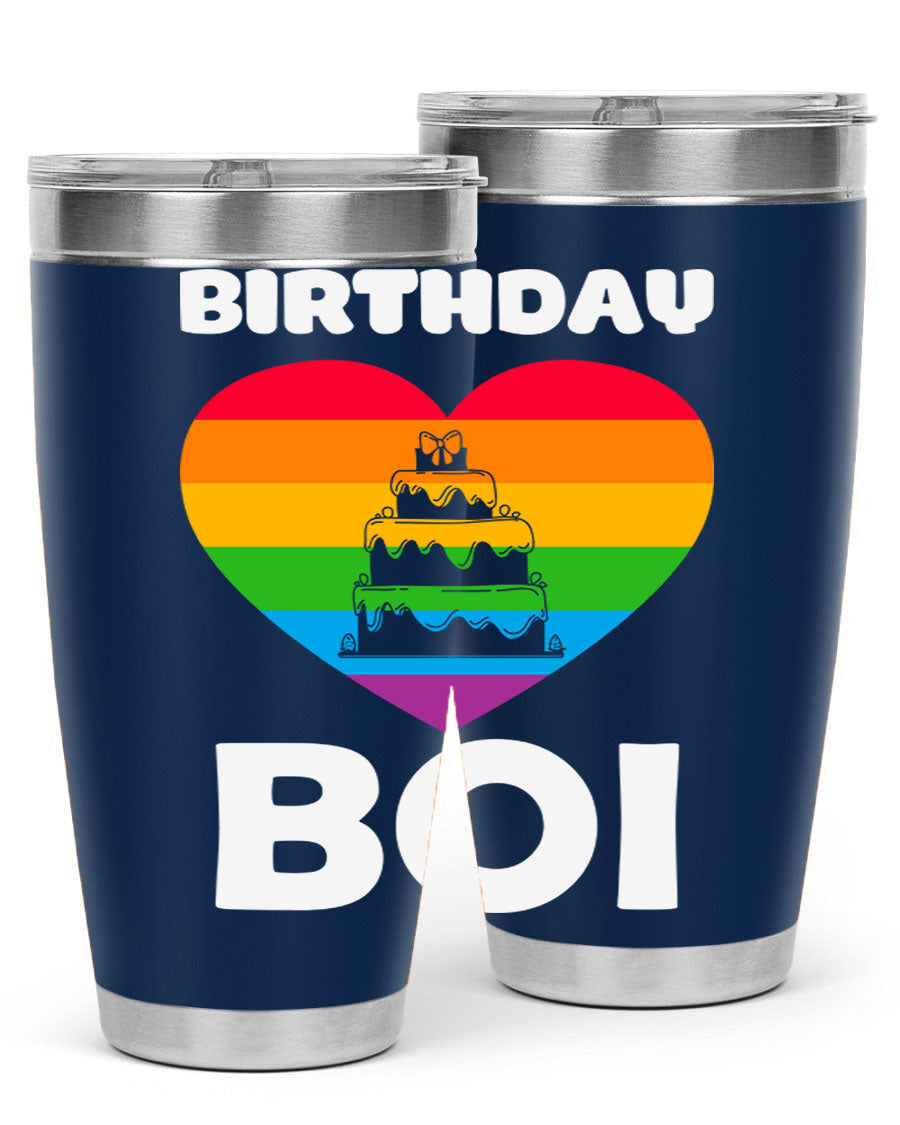 Birthday Boi LGBT Pride tumbler featuring vibrant colors and a stylish design, perfect for celebrating pride and keeping drinks hot or cold.