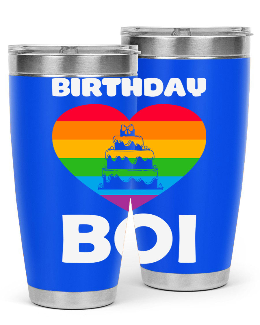 Birthday Boi LGBT Pride tumbler featuring vibrant colors and a stylish design, perfect for celebrating pride and keeping drinks hot or cold.