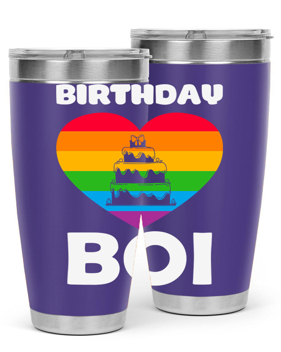 Birthday Boi LGBT Pride tumbler featuring vibrant colors and a stylish design, perfect for celebrating pride and keeping drinks hot or cold.