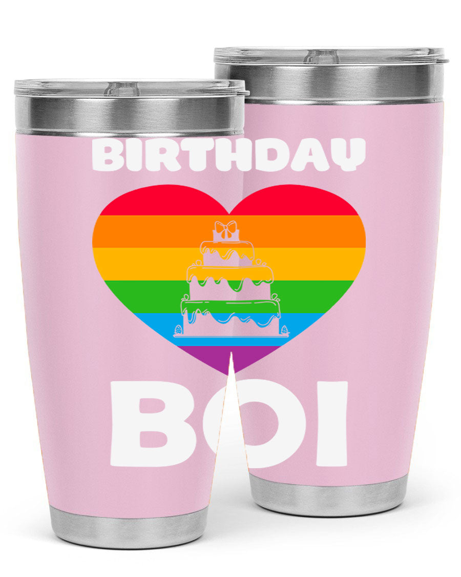 Birthday Boi LGBT Pride tumbler featuring vibrant colors and a stylish design, perfect for celebrating pride and keeping drinks hot or cold.