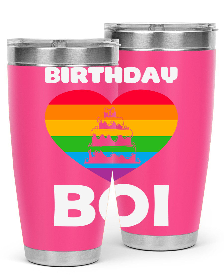 Birthday Boi LGBT Pride tumbler featuring vibrant colors and a stylish design, perfect for celebrating pride and keeping drinks hot or cold.